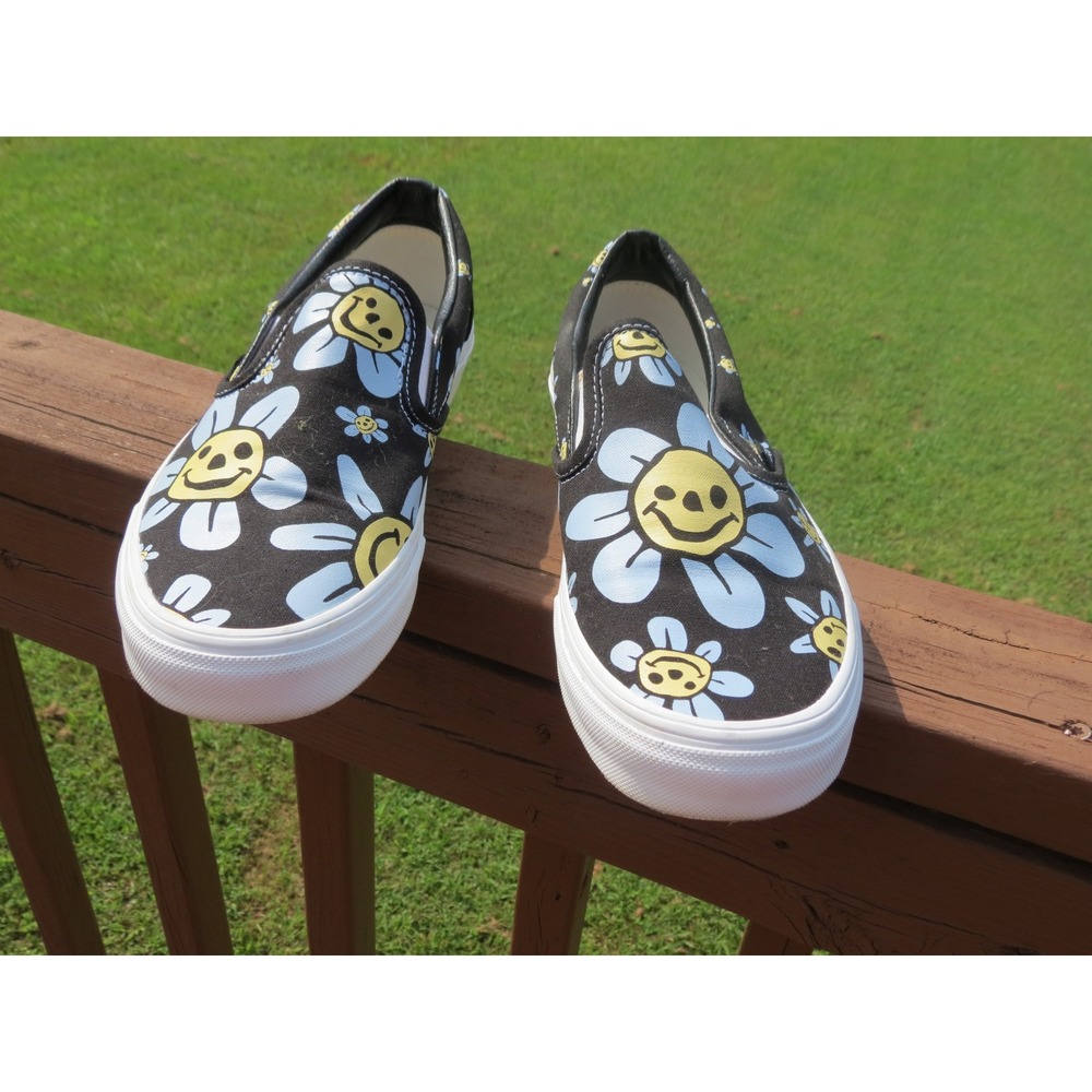 Vans Slip-On Shoes Womens 10 Black Blue Daisy Smiley Face Classic Canvas - Picture 2 of 7
